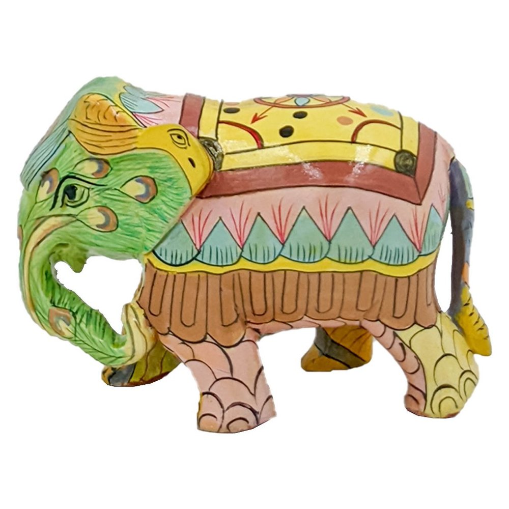 Handmade Painted Trunk down Carved elephant (5inch)